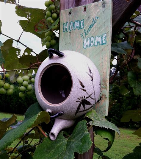 bird house out of metal tea pot onplate with spoon|Upcycled Stuff: My First BirdhouseFrom a Tea Pot.